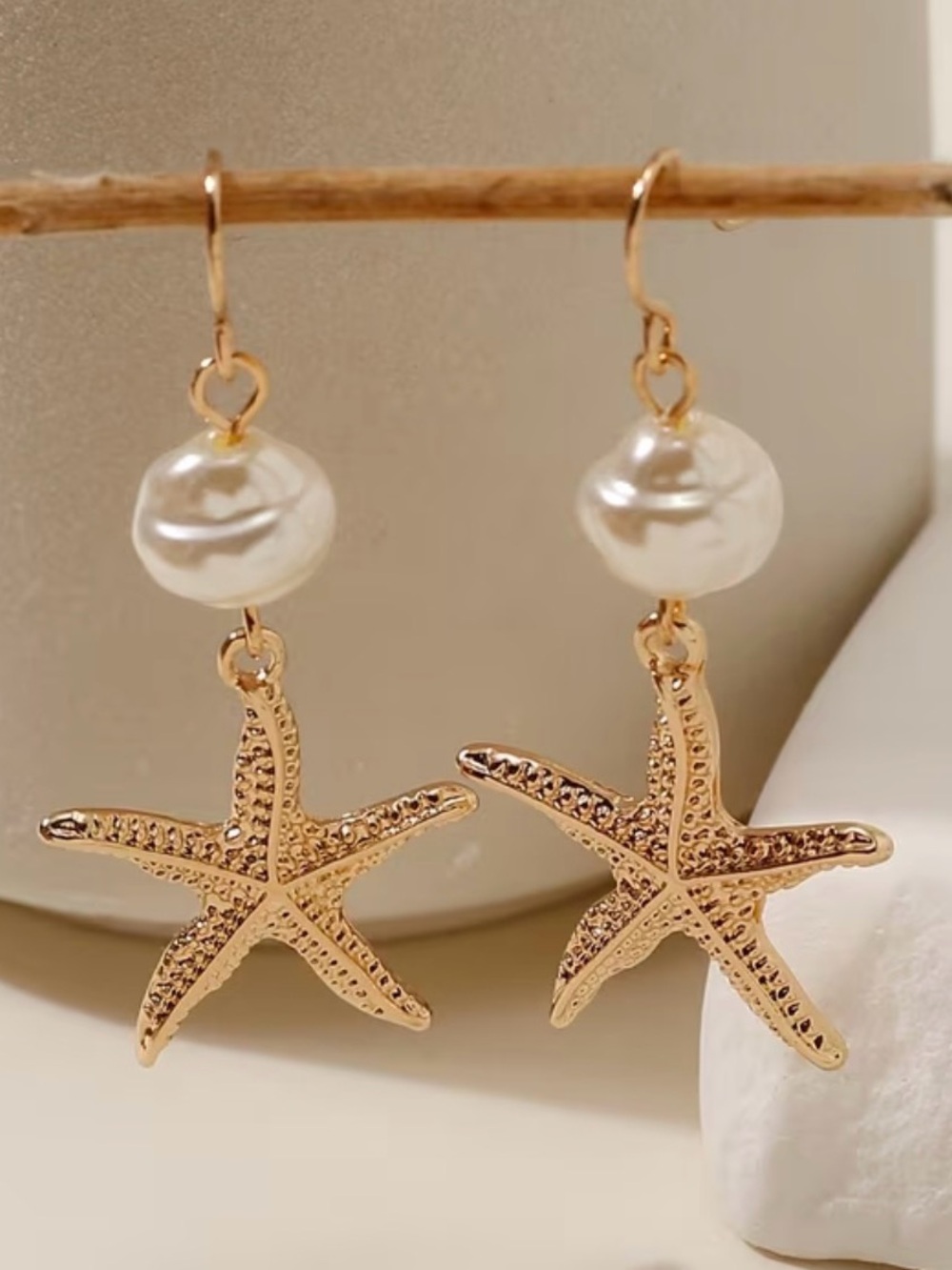 Gold Starfish Drop Earrings with White Pearl Accent